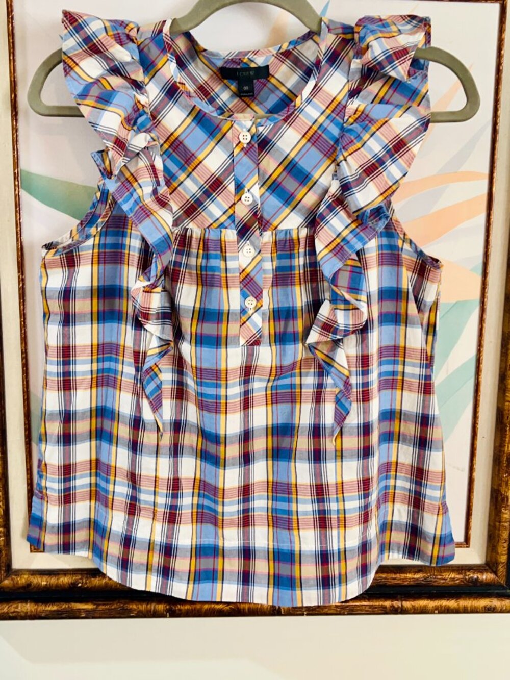 J.Crew Plaid Ruffle Top 00 XXS Preppy Summer Blouse Sleeveless Multicolor